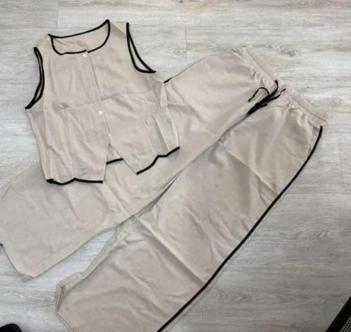 Ensemble chic pantalon + haut beige bordure noir taille L - photo numéro 3