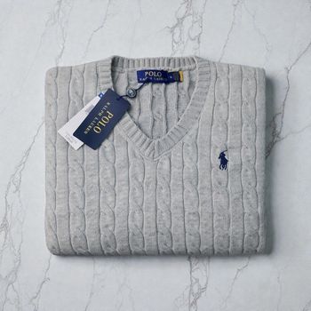 Pull Femme Polo Ralph Lauren Col V Maille Torsadée Gris Taille XL Neuf