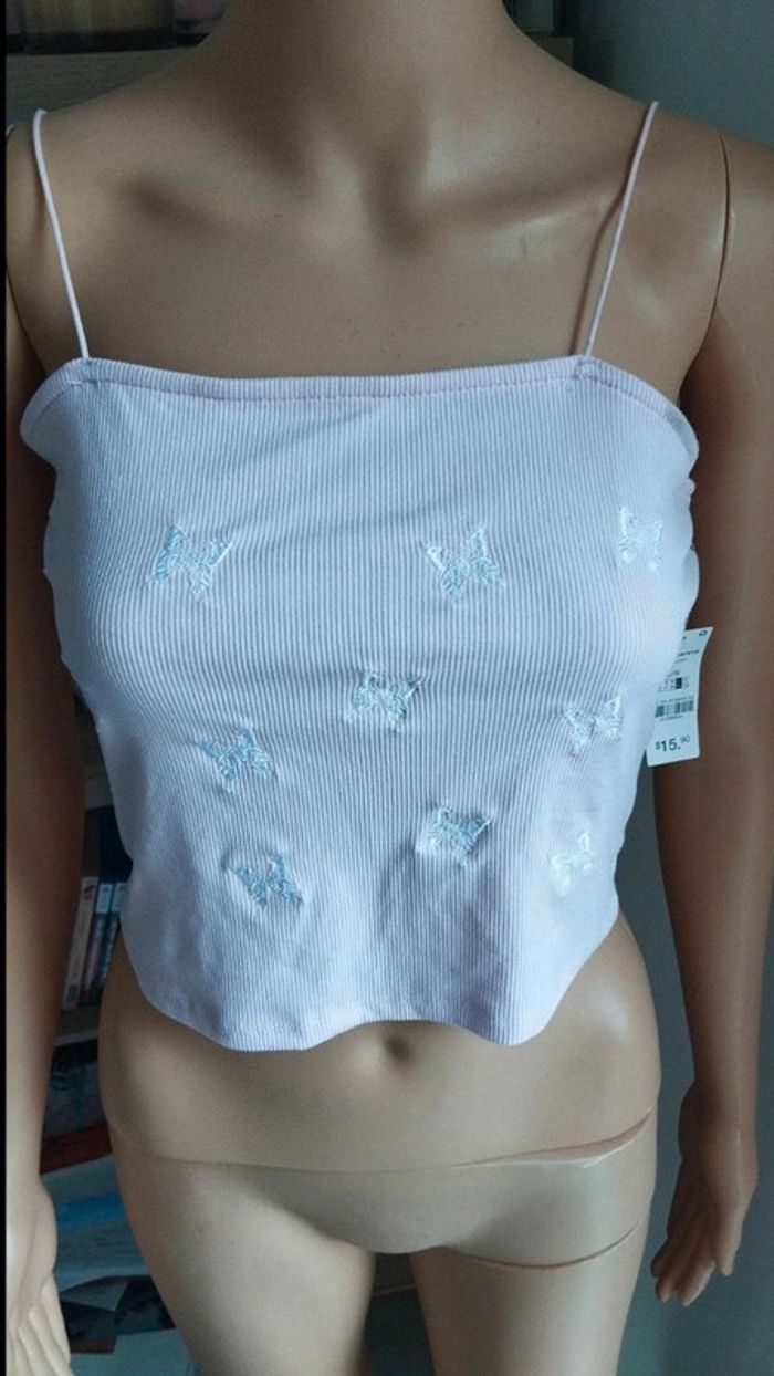 Débardeur top rose clair avec papillons blanc taille l femme - photo numéro 3