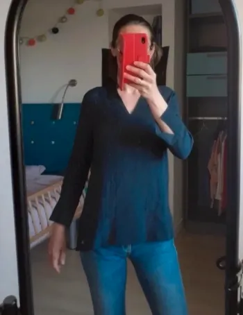 Blouse col V manches 3/4 bleue marine Tommy Hilfiger 36 neuve