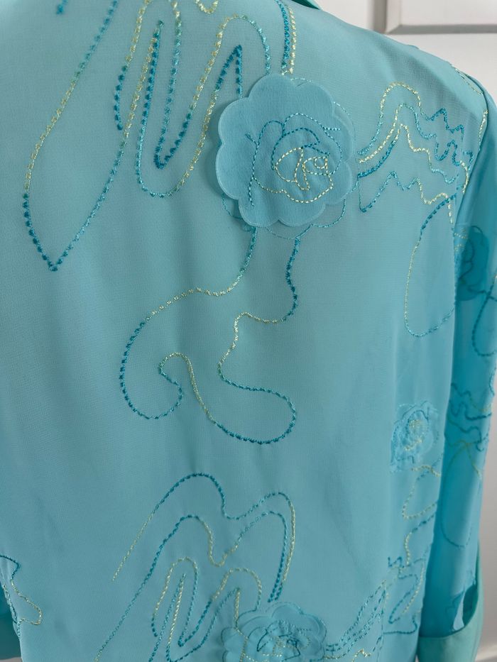 Kimono blouse broderies fleurs bleue turquoise Vintage T40 L - photo numéro 6