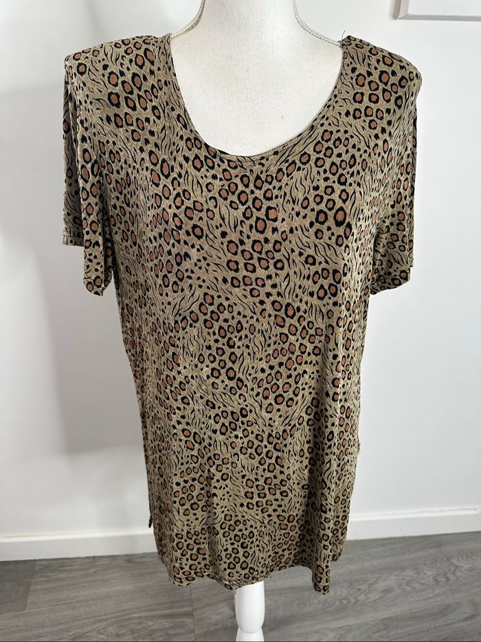 Blouse oversize leopard marron et beige Vintage T46 3XL