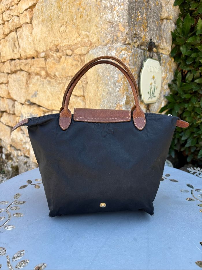 Longchamp Le Pliage S noir – porté main – cuir marron – authentique - photo numéro 2