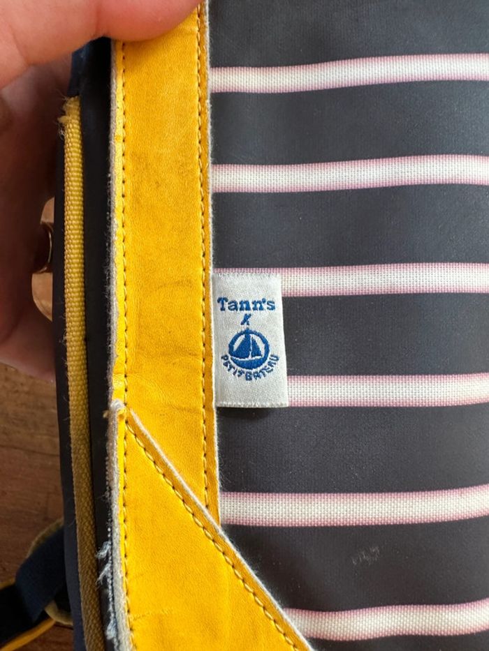 Grand cartable d’écolier vintage Tann’s édition limitée Petit Bateau bleu jaune rayé marin - photo numéro 3