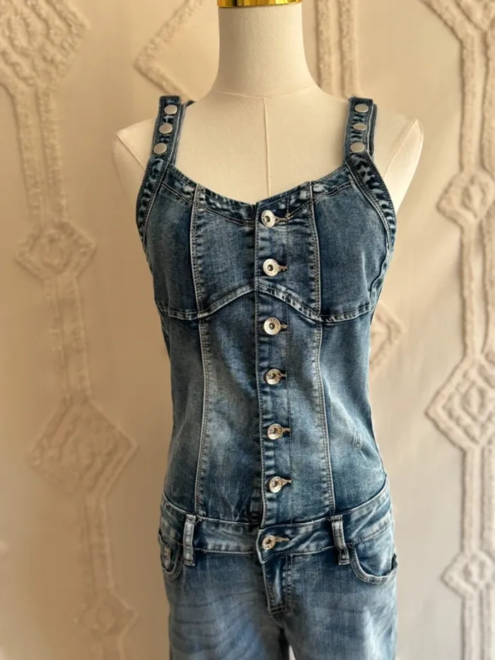 Combinaison en jean vintage années 2000 – Softy Denim – effet corset – coupe droite taille M - photo numéro 2
