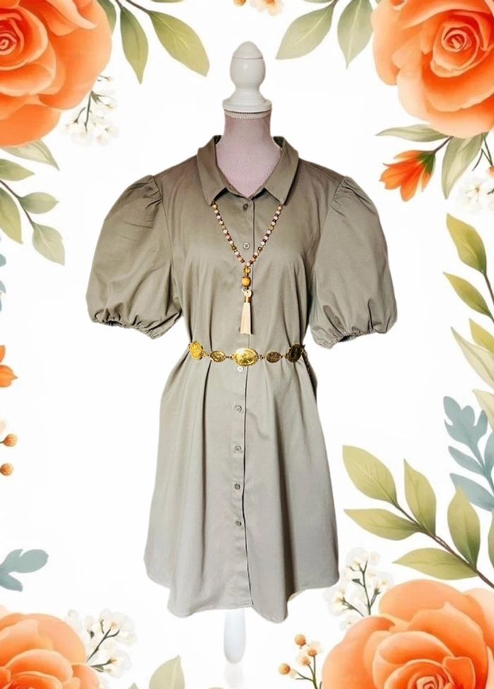 🧡🌿Robe chemise manches bouffantes taille 42 gris taupe chic & décontracté Puff Sleeves short dress🌿🧡 - photo numéro 2