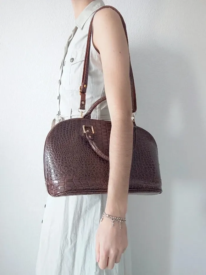 Sac à main marron cuir vernis bandoulière amovible écaille vintage / Lucia Tommasi - 33x24x17cm - photo numéro 6