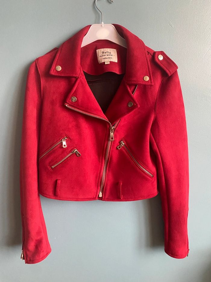Blouson perfecto style biker en effet daim rouge