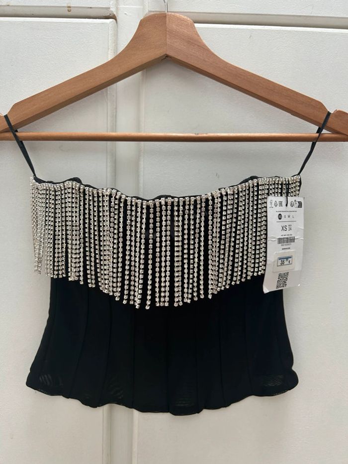 Crop top bustier  bershka noir avec franges métallique et strass - taille xs neuf - photo numéro 2