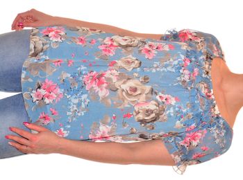 long haut fin doublé taille M bleu clair motif floral vintage fluide manches courtes col carré