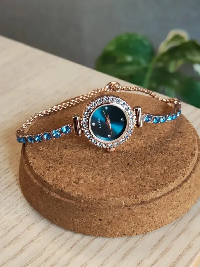 Montre bijou, bleu ciel, et rose-doré - photo numéro 3