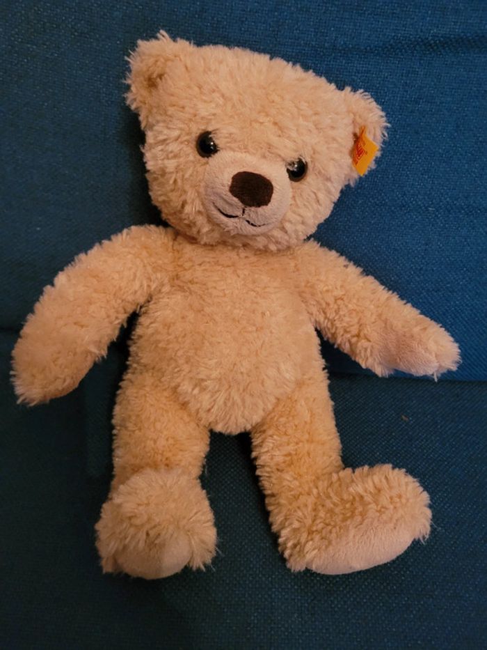 Ours Chiné Steiff Peluche doudou beige miel clair teddy bear expressif réaliste ancien 26cm