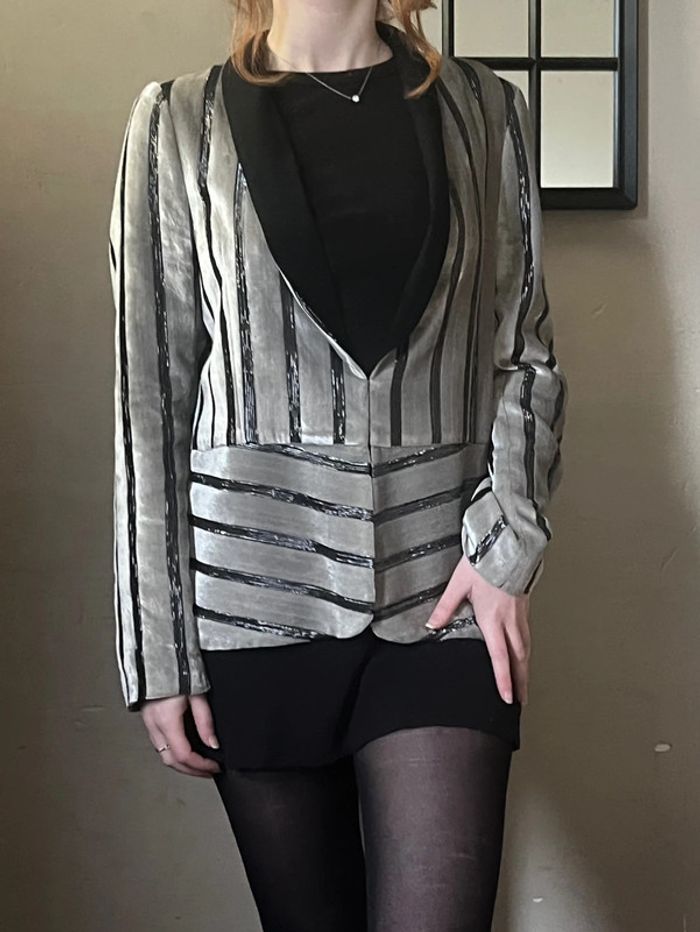 Veste blazer rayures noires et argentées en velours - photo numéro 4