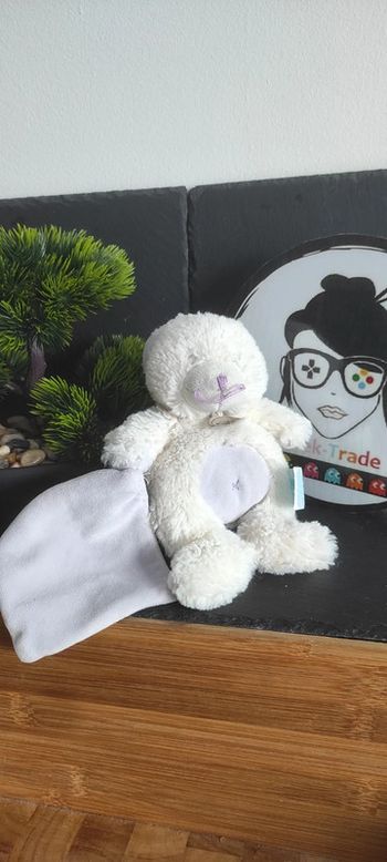 Doudou ours blanc mouchoir mauve Baby nat violet peluche croix  Nombril Rond