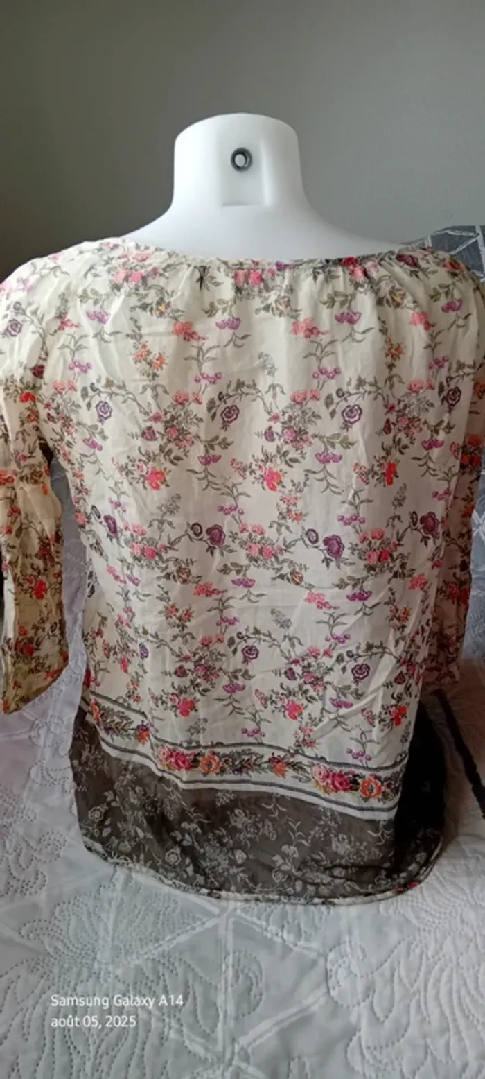 Blouse légère manches 3/4 motif fleurs esprit bohème beige femme 38 promod - photo numéro 8
