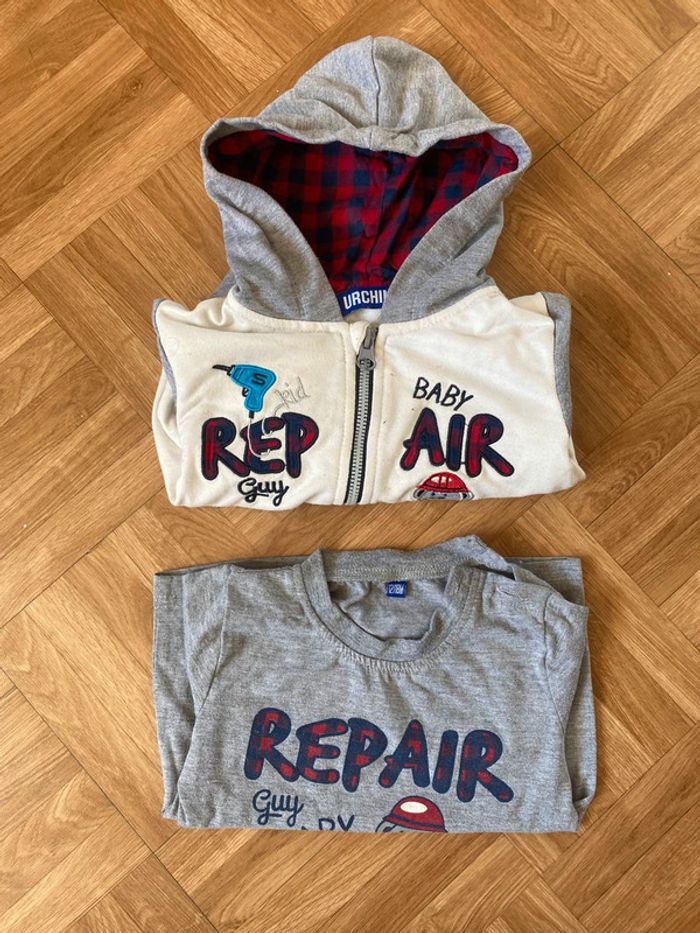 Sweat à capuche et zip + t-shirt manches longues blanc et gris taille 12/18 mois vintage Urchin - photo numéro 6