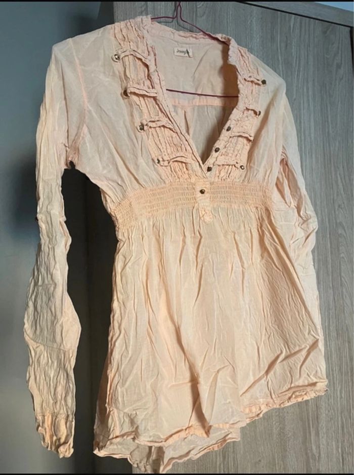 Chemisier blouse manches longues corail abricot - photo numéro 2