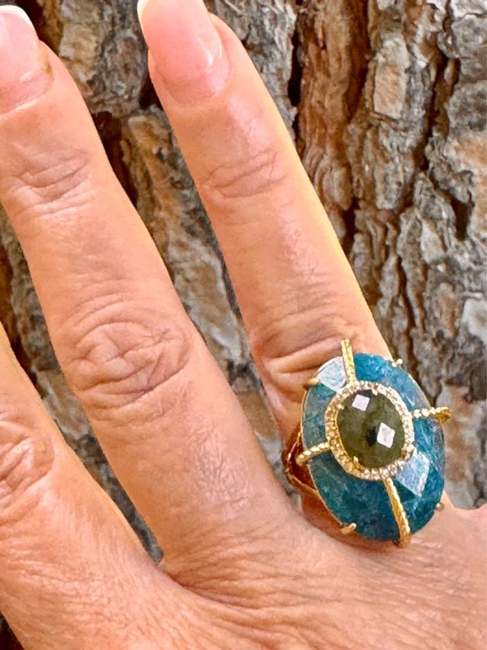 Grosse bague habaha Paris tourmaline et apatite zircons acier inoxydable or - photo numéro 2