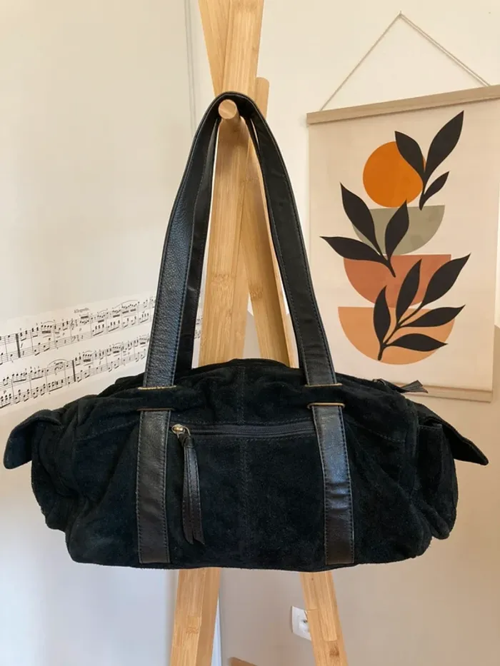 Sac vintage en cuir et croûte de cuir noir très bon état [ref 2506SBl 112]