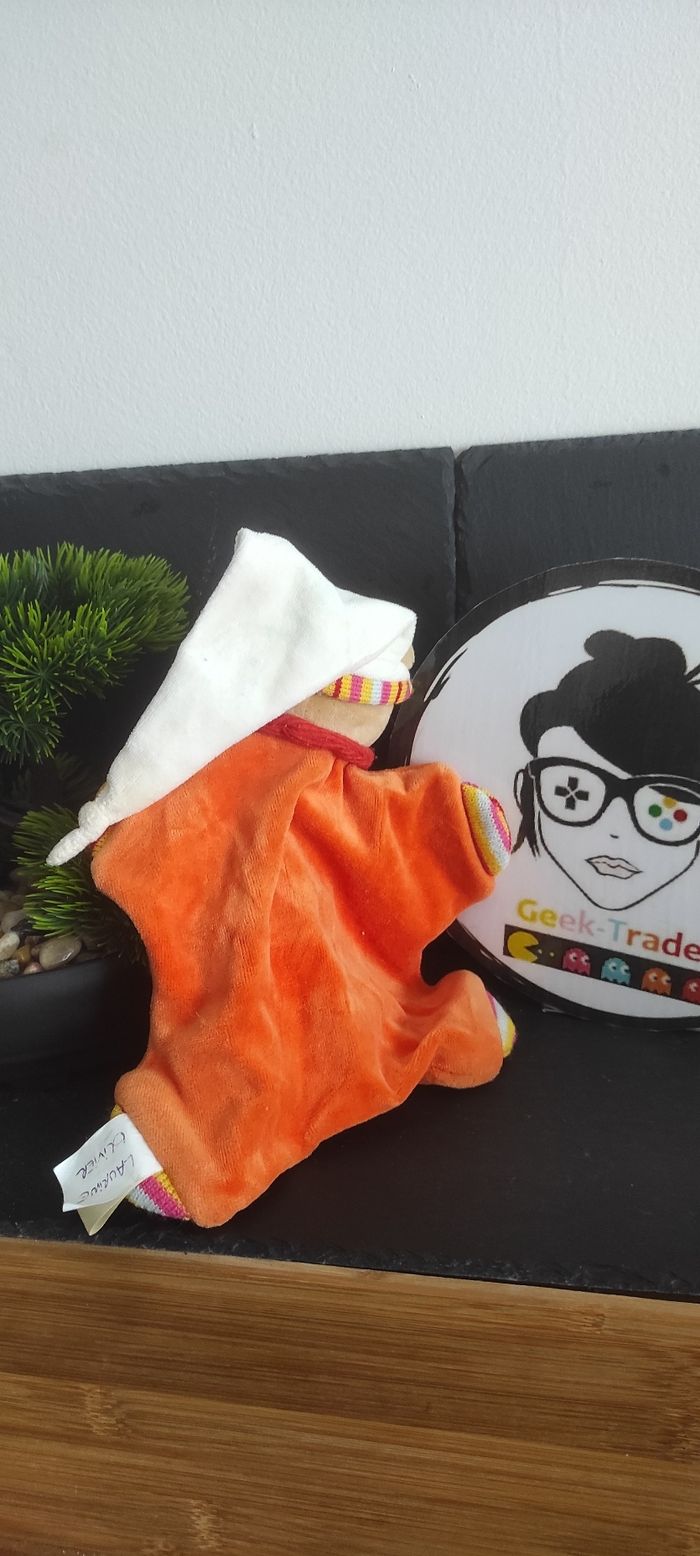 ours plat orange Bonnet blanc Doudou et Compagnie ancien rayure marron jaune rose bleu - photo numéro 2