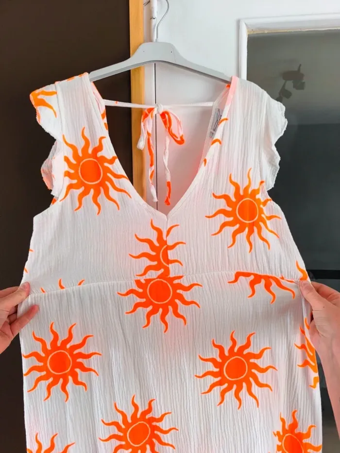 Robe longue été blanche et orange gaz de coton imprimé soleil TU 36 à 42 - photo numéro 7