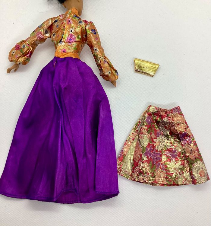Lot 3 articles compatibles Barbie robe bal longue pochette sac à main jupe lamé orientalisant - photo numéro 2