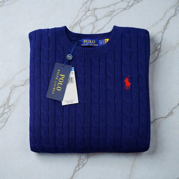 Pull Ralph Lauren Bleu Taille M col rond torsadé logo brodé rouge