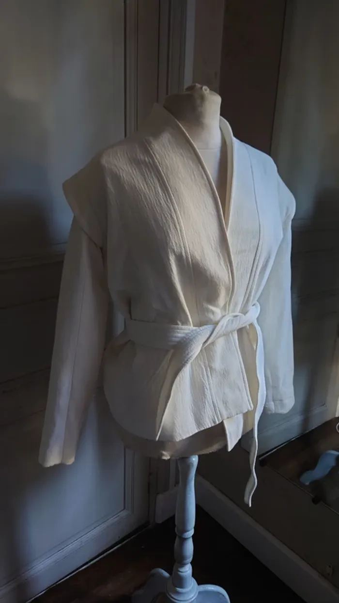Manteau Veste Kimono t 34 36 Valentin Bérénice mi saison ceinturée blanc Coton - photo numéro 3
