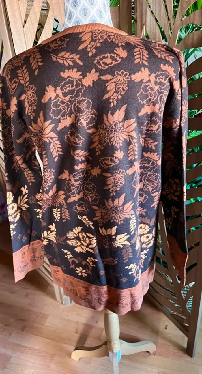 Pull en laine merinos motif à fleurs marron beige orange taille 3 44 lewinger chaud - photo numéro 5