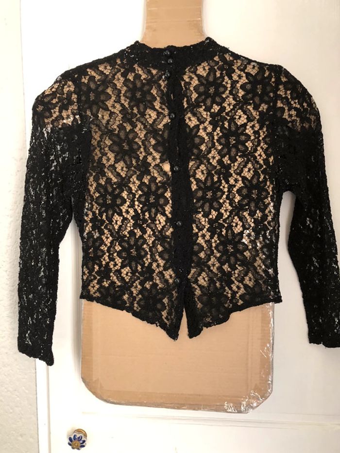 AN12:Haut en dentelle vintage noir chiné blanc T38/40 - photo numéro 2