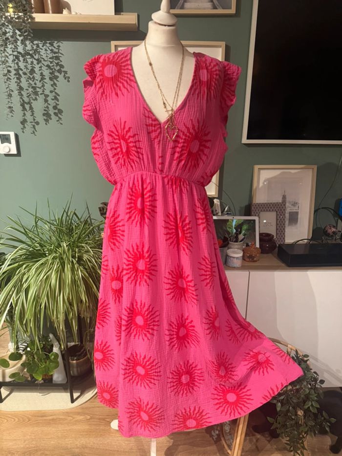 Longue robe d’été en gaz de coton Fushia soleil rouge grande taille 42-46 - photo numéro 2