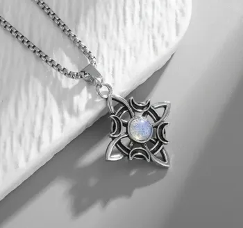Collier pendentif viking noeud de sorcière celtique Pierre de lune 60cm