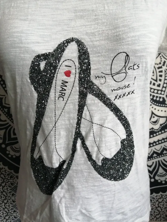 Tee-shirt blanc avec ballerines à paillettes / school rag / (S) - photo numéro 3