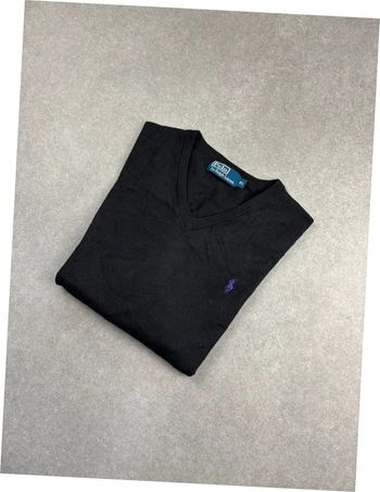 Pull sweat Ralph Lauren noir col V logo violet en laine