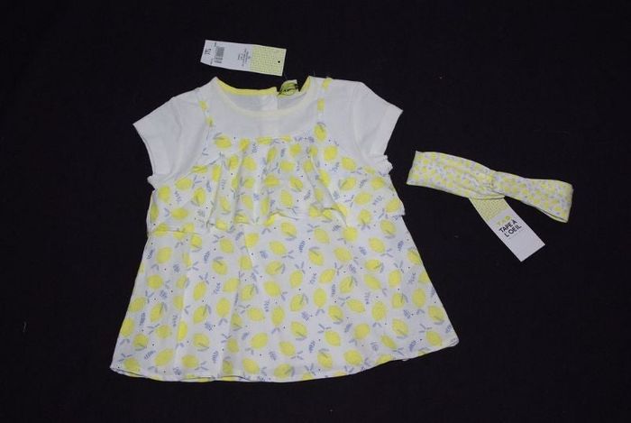ensemble citron 2 en 1 blouse + t-shirt + bandeau tao tape à l'oeil 23 mois 2 ans neuf étiquette
