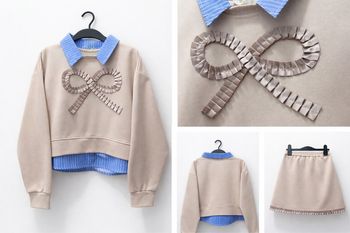 Ensemble fille élégant – sweat + jupe assortie beige & bleu