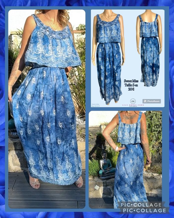 💙 Robe longue bleue batik brodée – Taille S/M – Élégance bohème SOLDÉ -50% (vidéo portée dispo ) 💙