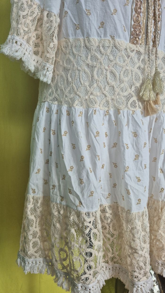 Superbe Robe Bohème Chic Blanche & Dentelle Crème - Taille Unique - photo numéro 3