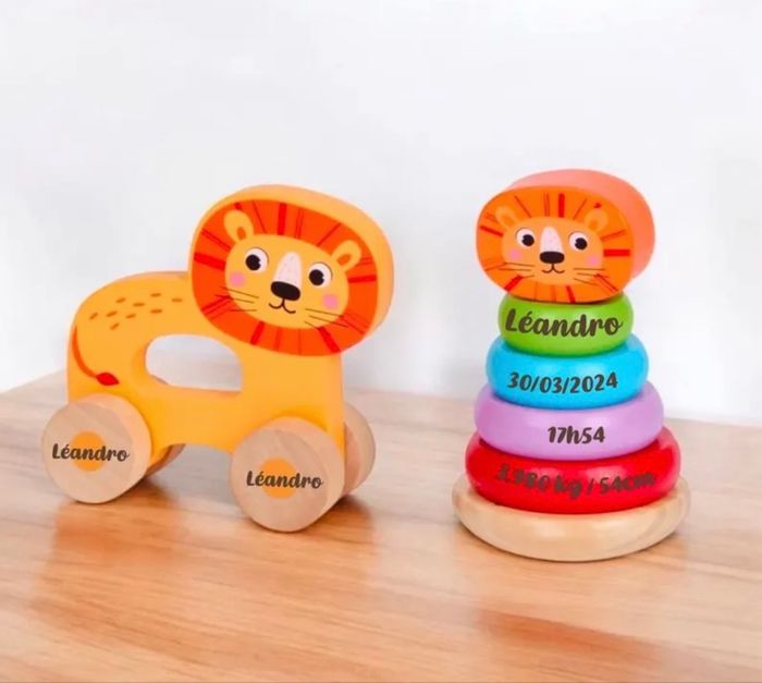 Ensemble jouets en bois personnalisés – Tour à empiler & animal à tirer – Cadeau de naissance gravé - photo numéro 5