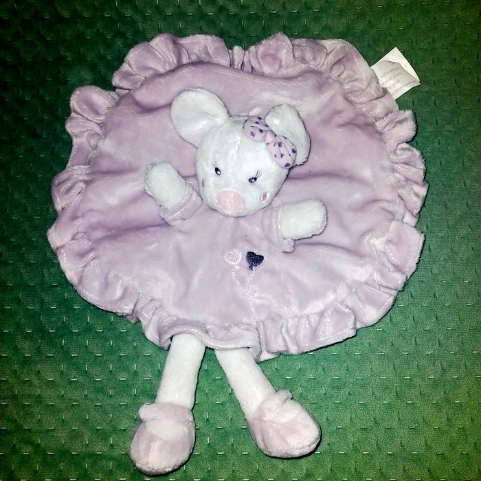 Doudou souris plat rond violet blanc noeud coeur brodé Kimbaloo