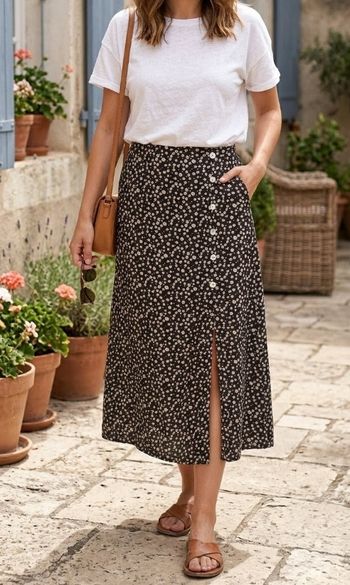 Jupe Midi Fleurie à Boutons - Style Bohème / Vintage