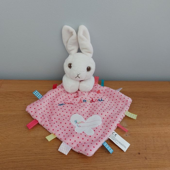 Doudou plat lapin rose blanc papillon - Nicotoy