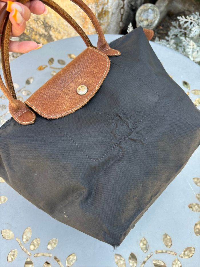 Longchamp Le Pliage S noir – porté main – cuir marron – authentique - photo numéro 7