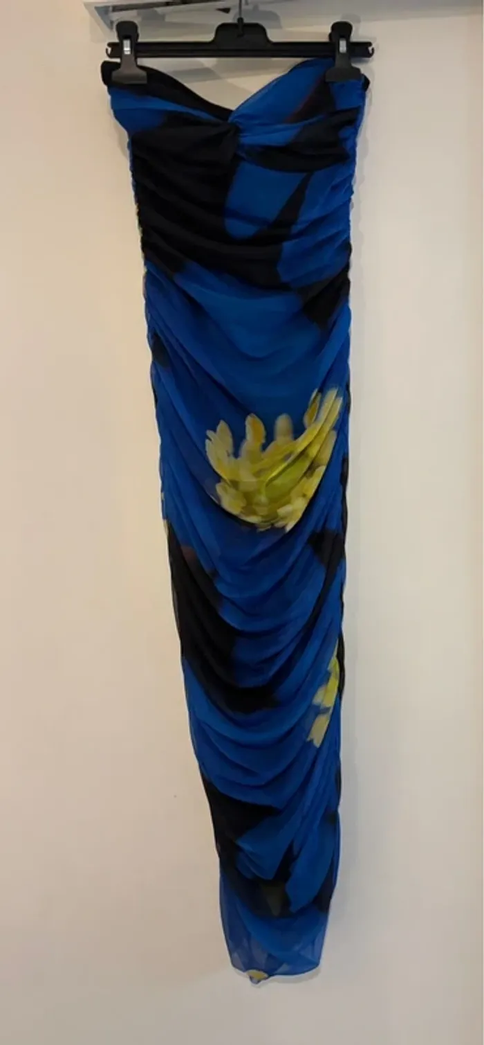 Robe bustier drapée Zara bleue imprimé floral – Taille S - Neuve - photo numéro 4