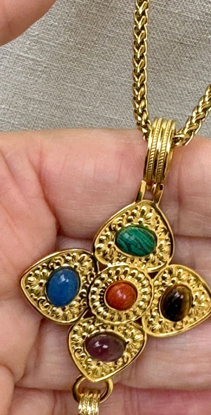 Collier sautoir réglable trèfle croix perles naturelles pompon xl acier inoxydable or habaha Paris - photo numéro 4