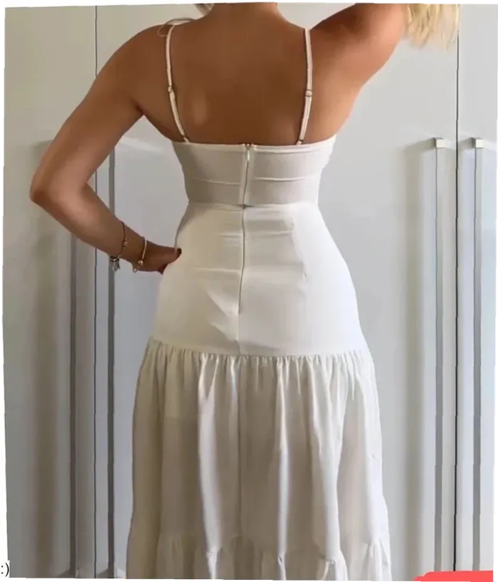 Robe longue blanche femme été chic fluide taille M élégante décolleté - photo numéro 2