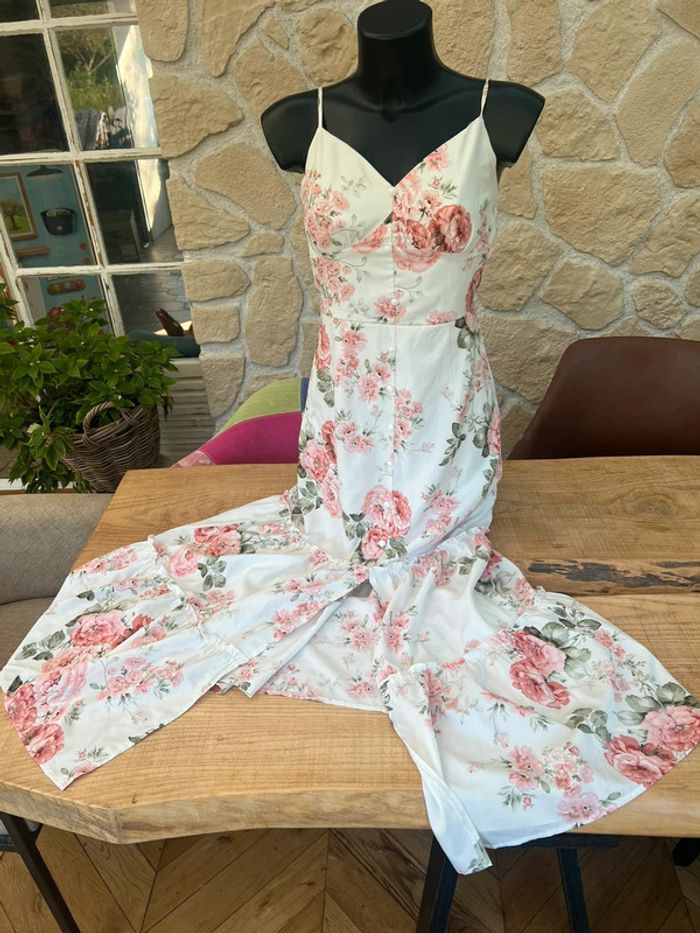 Robe bohème chic longue femme blanche à fleurs rose orangées taille S 36 shein été - photo numéro 7