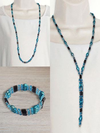 Collier / bracelet magnétique perle bleu turquoise  - 89cm