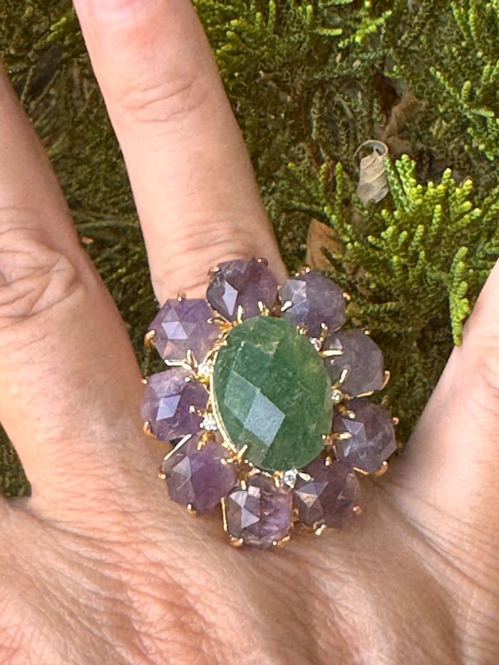 Grosse bague habaha Paris aventurine et améthyste acier inoxydable or