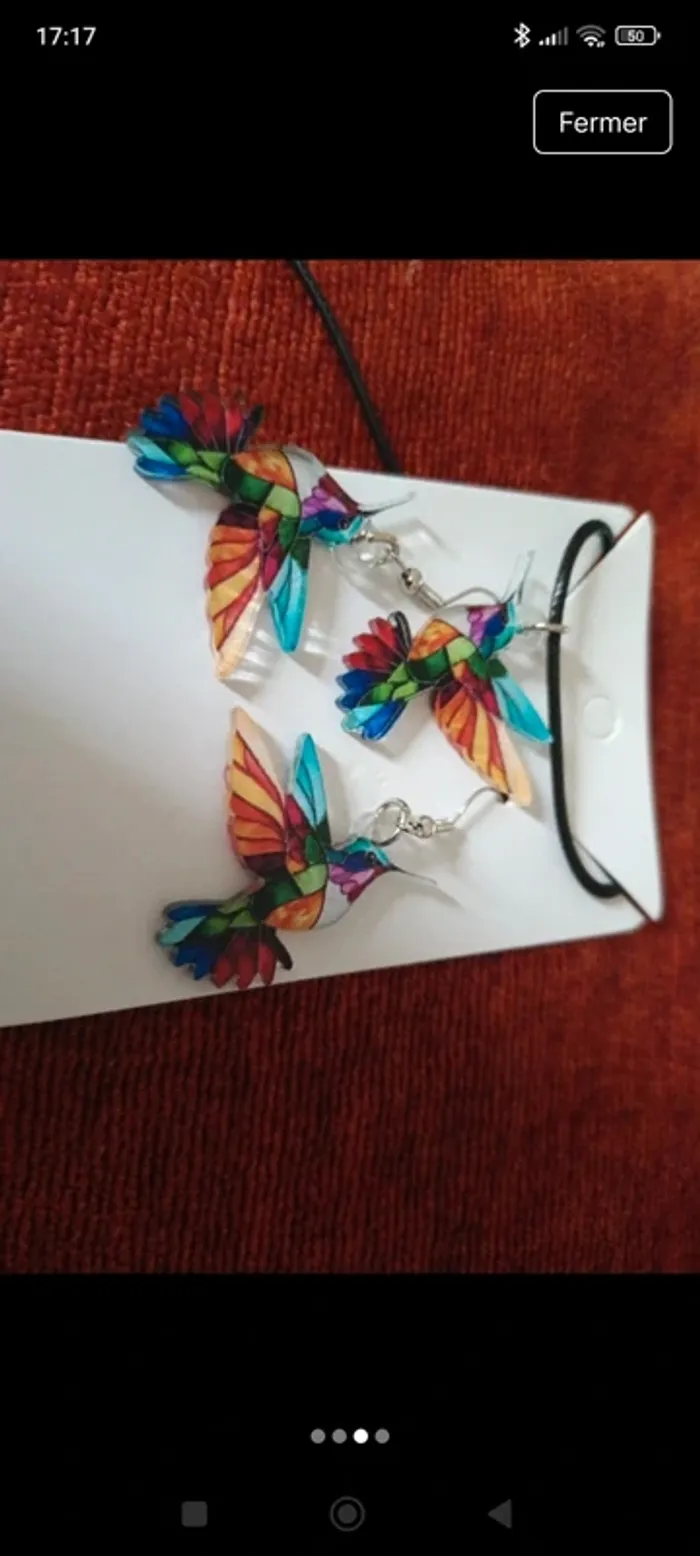 Ensemble boucles d'oreilles oiseaux colibris collier pendentif - photo numéro 4
